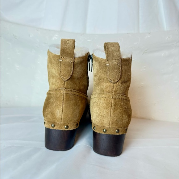 Cute Madewell Caramel Tan Leather Shearling Lined wooden block heel ankle boots - Picture 5 of 8